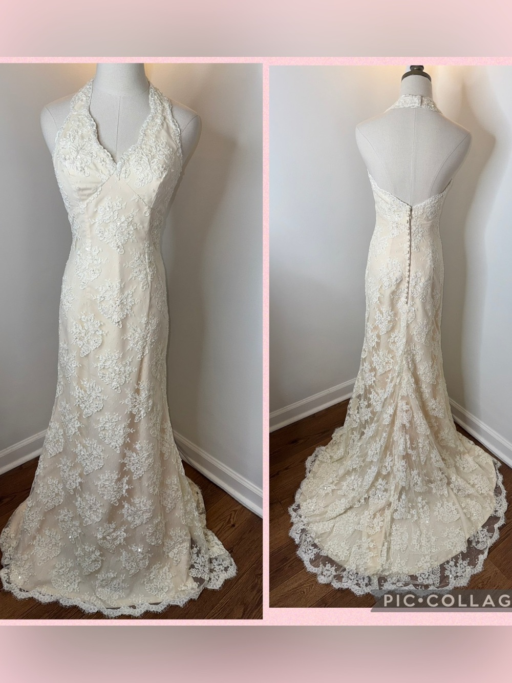 Mori Lee Women’s 6 Beaded Floral Lace Champagne Ivory White Halter Wedding Dress
